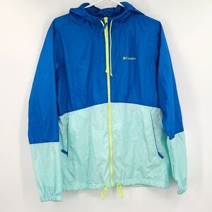 Columbia Large Light blue turquoise Blue green trim lightweight hooded jacket